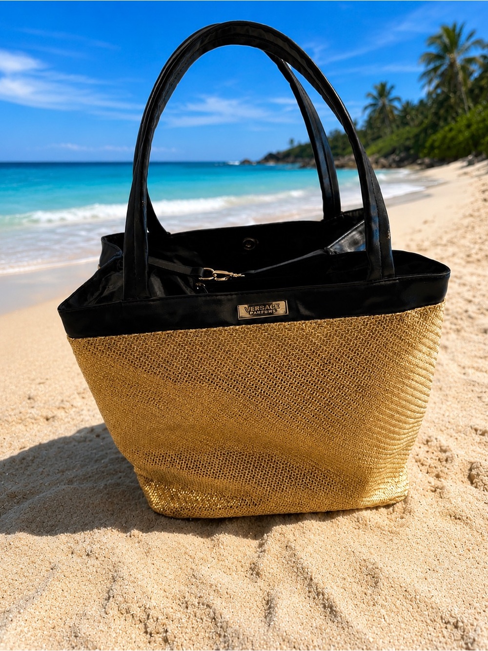 Versace Perfume Gold and Black Woven Tote